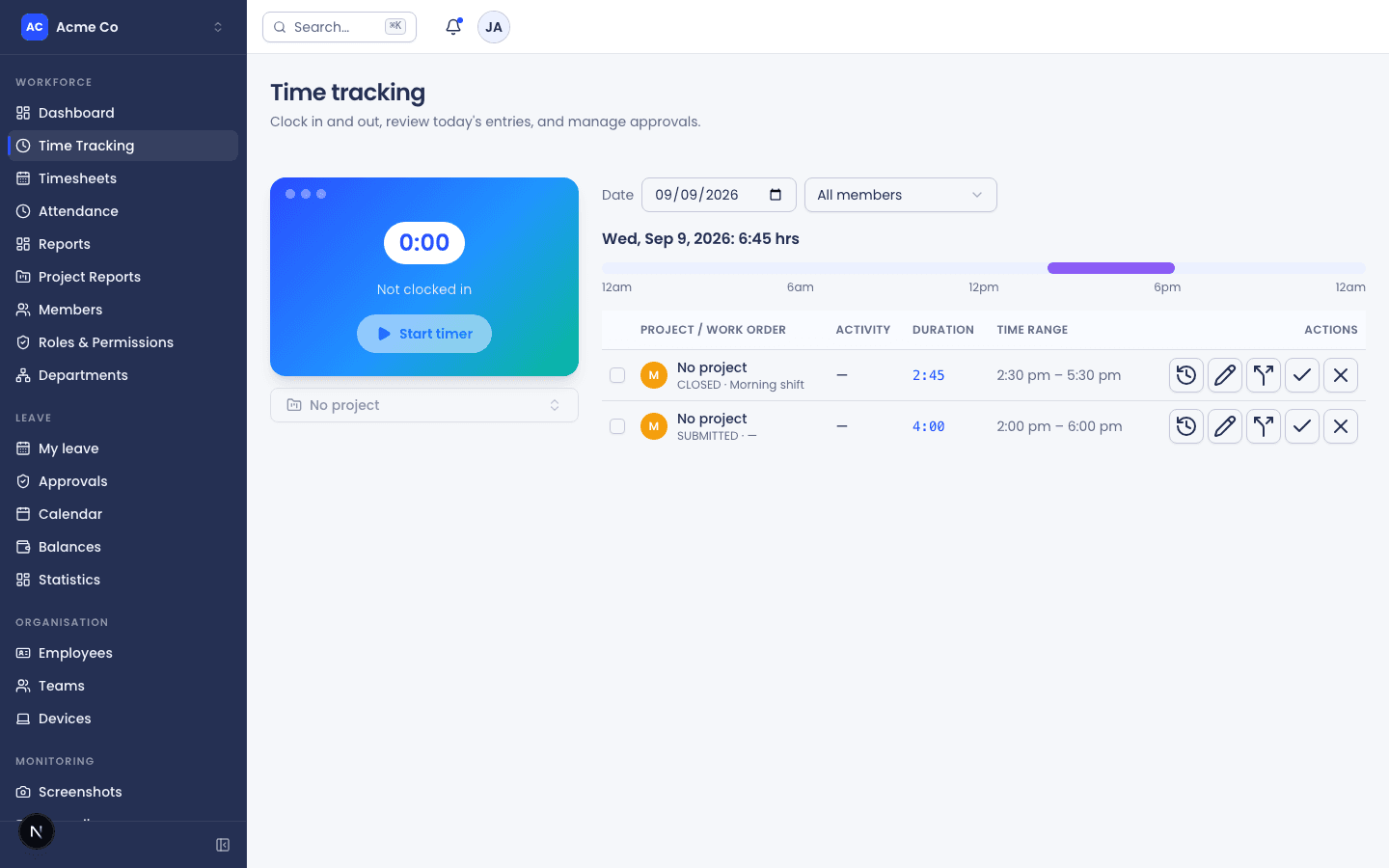 The YARP time-tracking hub, showing a running timer, a day timeline and a table of time entries.