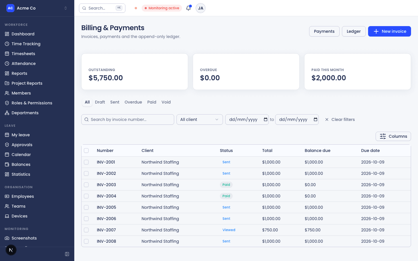 The YARP invoices list, showing status tabs, a totals strip and a table of client invoices.